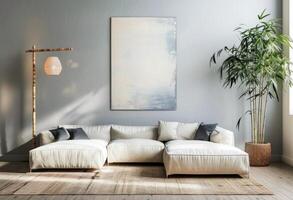 ai generato moderno vivente camera angolo con confortevole bianca sezionale divano e minimalista opera d'arte foto