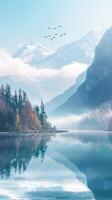 ai generato tranquillo mattina a un' montagna lago con nebbia e autunno fogliame foto