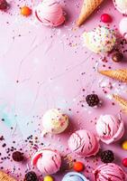 ai generato assortito scoop di ghiaccio crema con spruzzatori e frutti di bosco su un' pastello rosa superficie foto