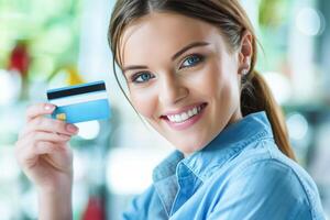 ai generato sorridente giovane donna Tenere un' credito carta, pronto per in linea shopping foto