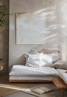 ai generato moderno vivente camera angolo con confortevole bianca sezionale divano e minimalista opera d'arte foto