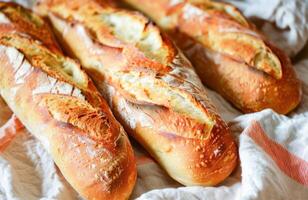 ai generato appena al forno francese baguettes su un' rustico cucina contatore nel naturale leggero foto