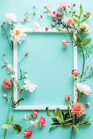 ai generato bianca immagine telaio circondato di colorato primavera fiori su un' turchese sfondo foto