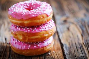 ai generato pila di rosa smerigliato ciambelle con bianca spruzzatori su un' di legno tavolo foto