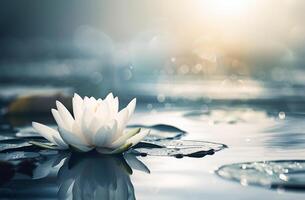 ai generato sereno bianca acqua giglio fioritura su un' tranquillo lago a alba foto