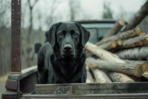 ai generato mettere in guardia nero cane in piedi su un' caricare di legna nel indietro di Raccogliere camion foto