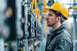 ai generato ingegnere elettricista dai un'occhiata il sottostazione costruzione processi foto