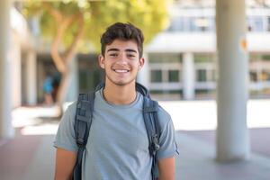 ai generato sorridente maschio alunno pose nel alto scuola città universitaria. foto