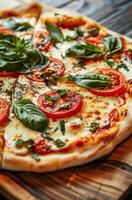 ai generato delizioso fatti in casa margherita Pizza sormontato con fresco basilico e pomodori su un' di legno tavolo foto