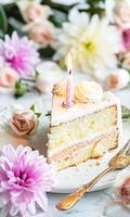 ai generato celebrativo fetta di compleanno torta con un' illuminato candela circondato di fresco fiori foto