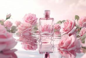 ai generato elegante profumo bottiglia circondato di rosa Rose e petali su un' riflessivo superficie foto