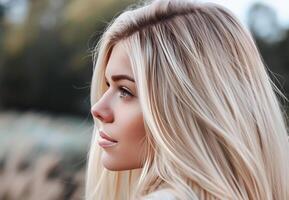 ai generato elegante giovane donna con bionda capelli nel urbano ambientazione durante giorno foto