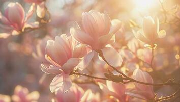 ai generato delicato rosa magnolia fiori contro un' sereno cielo durante primavera foto