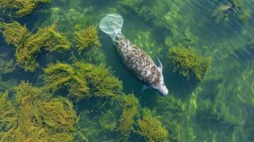 ai generato lamantino nuoto tra alga marina foto