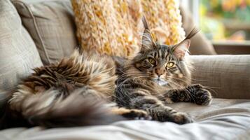 ai generato Maine coon gatto rilassante su divano foto