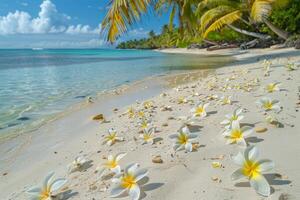 ai generato tropicale spiaggia con frangipani fiori foto