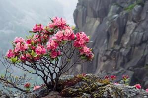 ai generato alpino rododendro nel nebbioso montagne foto