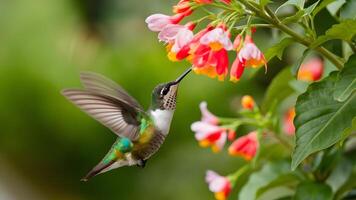 ai generato colibrì si libra con grazia sotto un' farfalla cespuglio con fiori foto