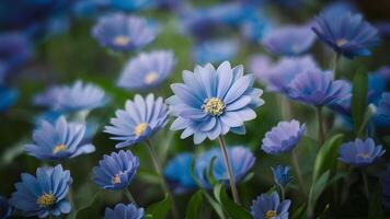 ai generato sfocato ambientazione crea dolce fondale per fantasia blu fiori foto