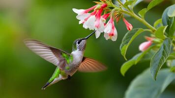 ai generato colibrì si libra con grazia sotto un' farfalla cespuglio con fiori foto