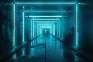 ai generato blu neon tunnel e astratto nero corridoio con luce. foto
