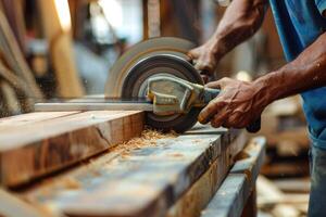 falegname utilizzando circolare sega con guardia rotaia per tagliare Di legno. foto