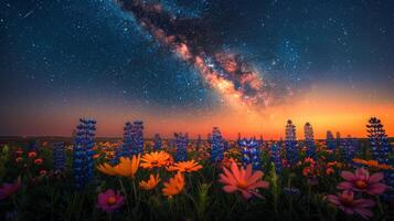 ai generato campo di fiori sotto notte cielo foto