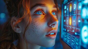 ai generato donna guardare a computer schermo con raggiante blu occhi foto
