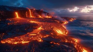 ai generato lava flussi in oceano a partire dal scogliera foto