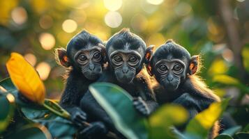 ai generato gruppo di scimmie seduta su superiore di un' verde foglia foto