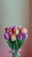 ai generato mazzo di tulipani nel vaso su tavolo foto