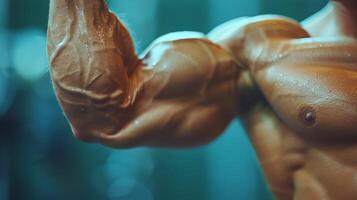 ai generato bodybuilder flessione muscoli foto