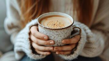 ai generato donna Tenere tazza di caffè foto