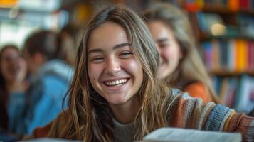 ai generato ragazza sorridente e Tenere libro foto