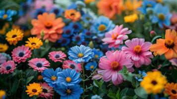 ai generato colorato fiori disposte su tavolo foto