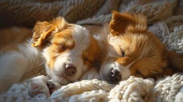 ai generato Due cuccioli addormentato insieme su un' coperta foto