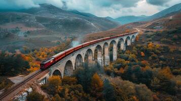 ai generato treno attraversamento ponte con montagne nel sfondo foto