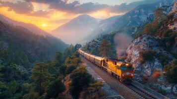 ai generato treno in viaggio attraverso lussureggiante verde foresta foto