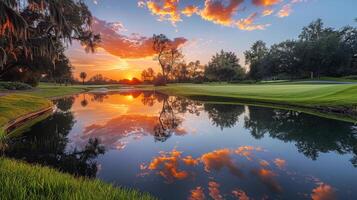 ai generato maestoso tramonto al di sopra di golf corso con stagno foto