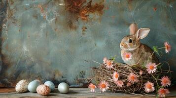 ai generato coniglio seduta nel nido con uova e margherite foto