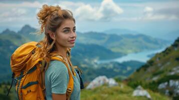 ai generato donna escursioni a piedi con zaino su montagna superiore foto