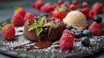 ai generato decadente cioccolato torta con frutti di bosco e ghiaccio crema foto