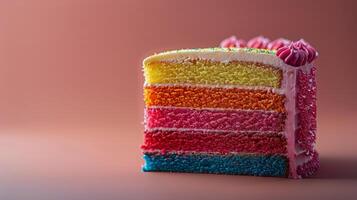 ai generato fetta di arcobaleno torta con glassa e spruzzatori foto