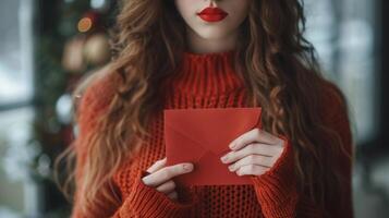 ai generato donna nel rosso maglione Tenere rosso Busta foto