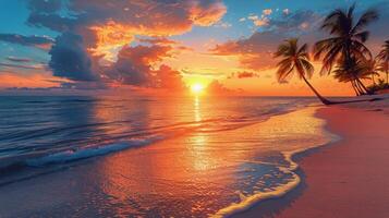 ai generato tramonto su tropicale spiaggia con palma alberi foto