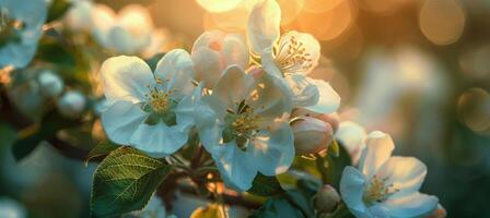 ai generato sole splendente attraverso fioritura albero le foglie foto