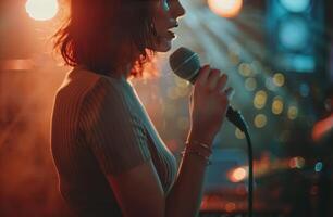 ai generato giovane ragazza cantando in un' microfono foto