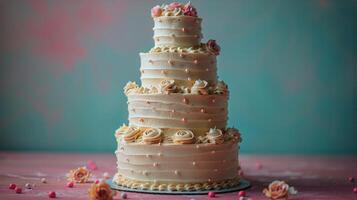 ai generato nozze torta con rosa fiori su tavolo foto
