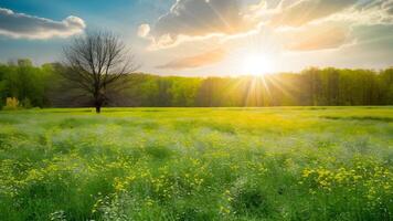 ai generato vivido luce del sole su primavera prato paesaggio, natura sfondo foto