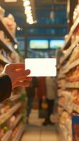 ai generato primo persona Visualizza di un' mano offerta credito carta a supermercato verticale mobile sfondo foto